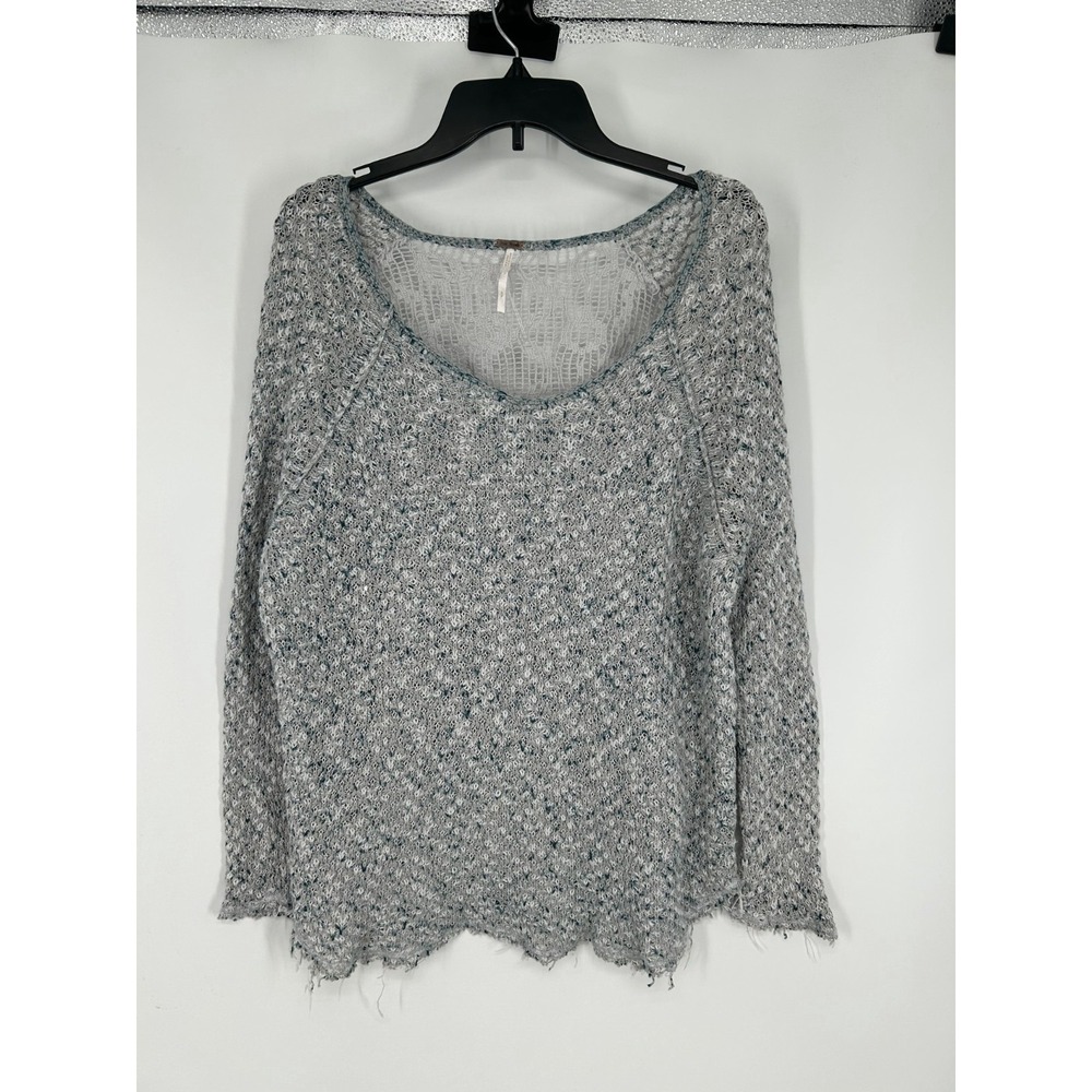 Free‎ People Knit Top Women's Small Blue Crochet Long Sleeve Scoop Neck Pullover